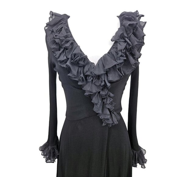 VTG Mr Blackwell Custom Black Dress Womens XS/S Ruffle Trim Surplice Skirt - Picture 2 of 10